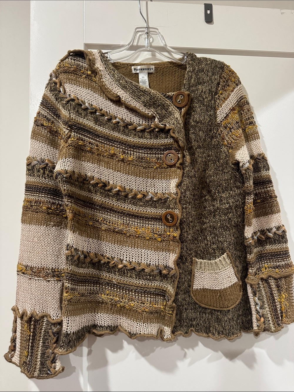 Parkhurst Multi-Tone Striped Knit Button Cardigan in Beige, Brown & Cream
